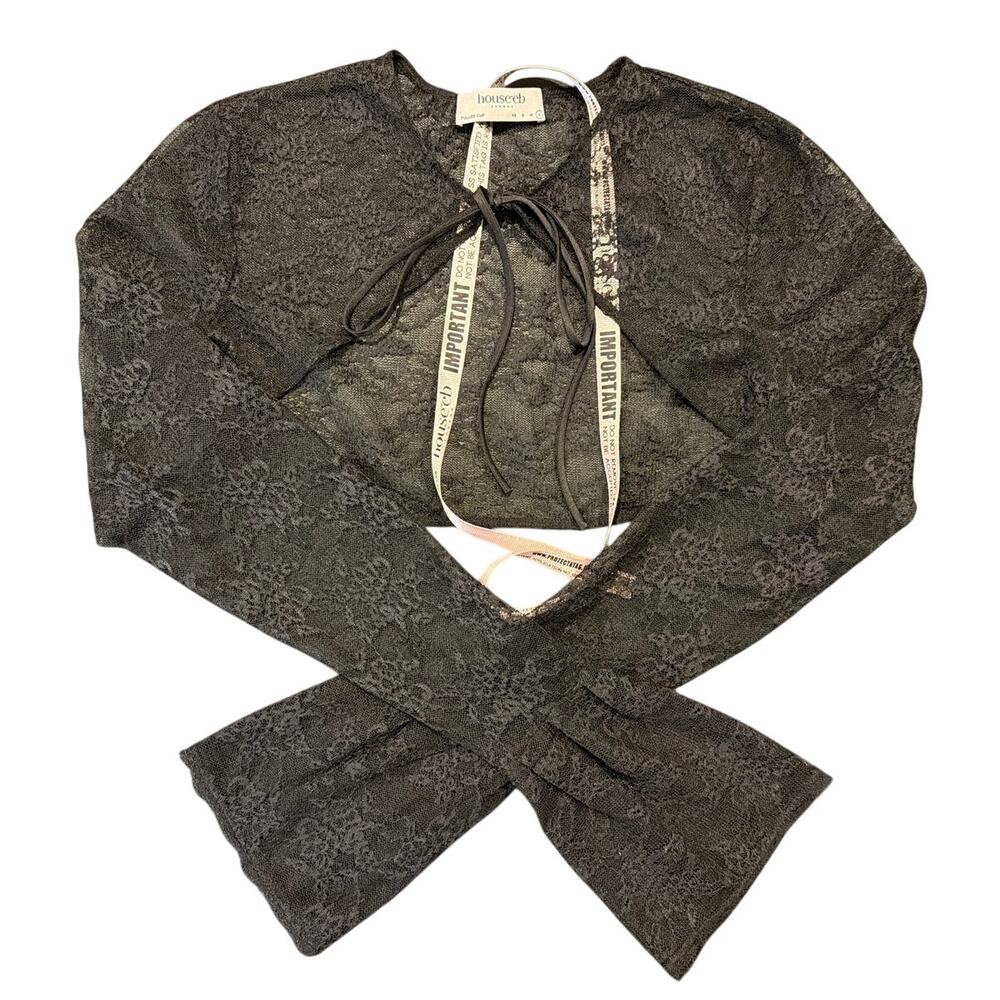 NWOT House of CB London Lace Tie Front Crop Top Long Sleeve, Black, Size Large